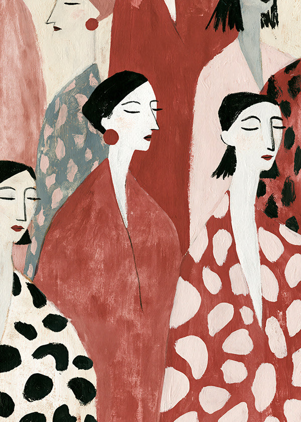 Illustration de figures féminines en rouge