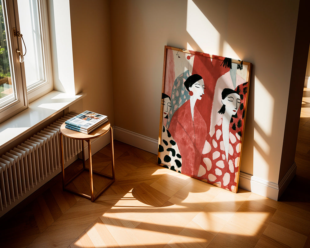 Illustration de figures féminines en rouge