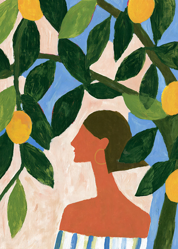 Impression botanique: profil féminin sous les citronniers