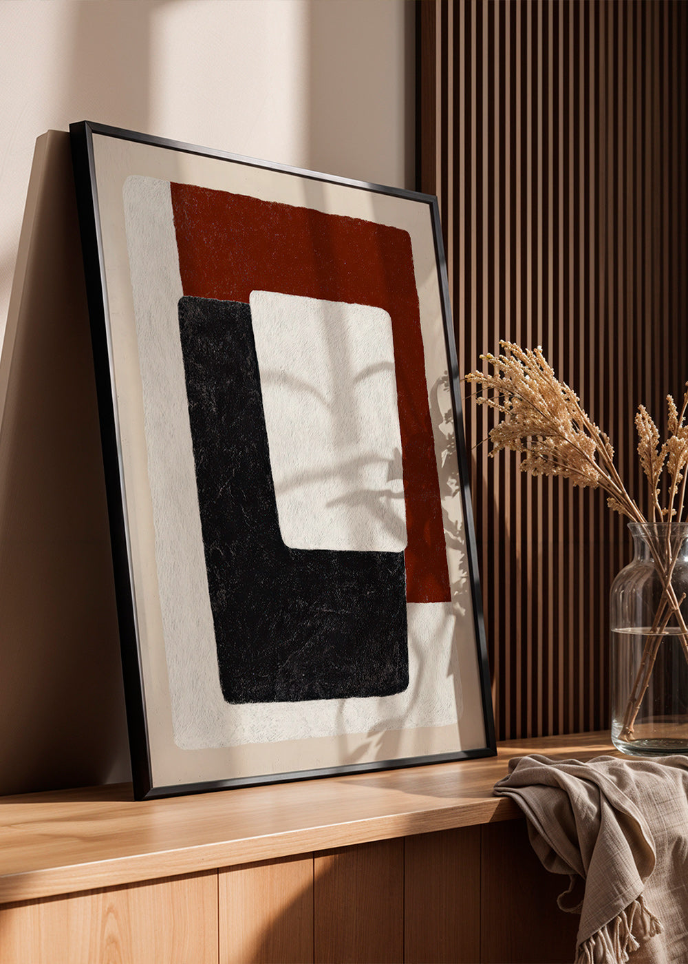 Tableau abstrait blocs terracotta et noir
