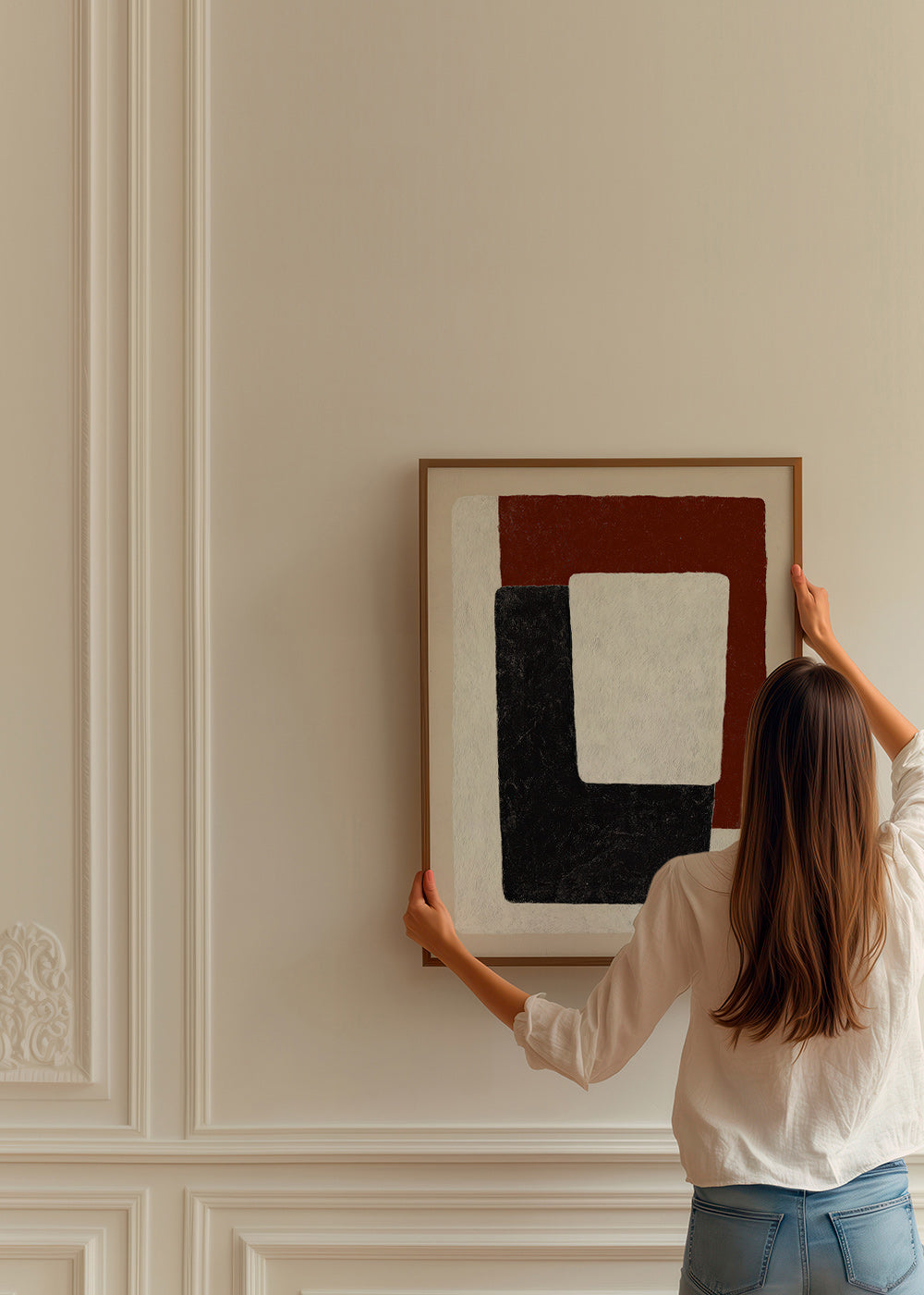 Tableau abstrait blocs terracotta et noir