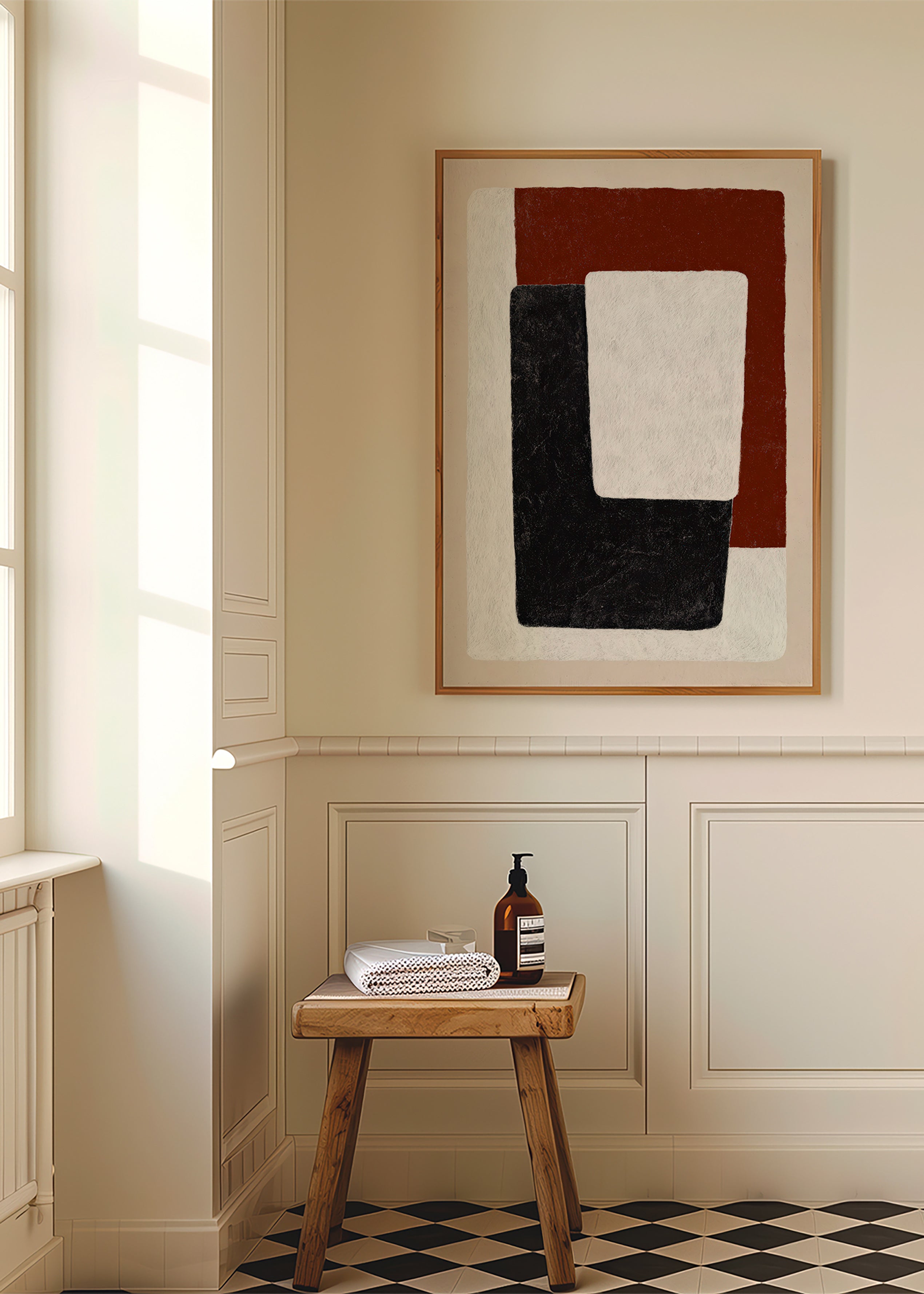 Tableau abstrait blocs terracotta et noir
