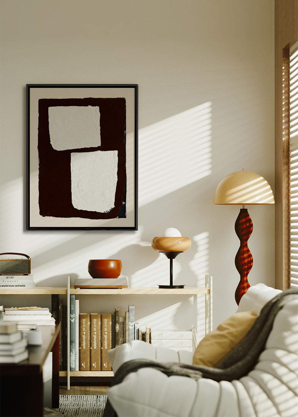 Tableau abstrait mocha con blocs blancs