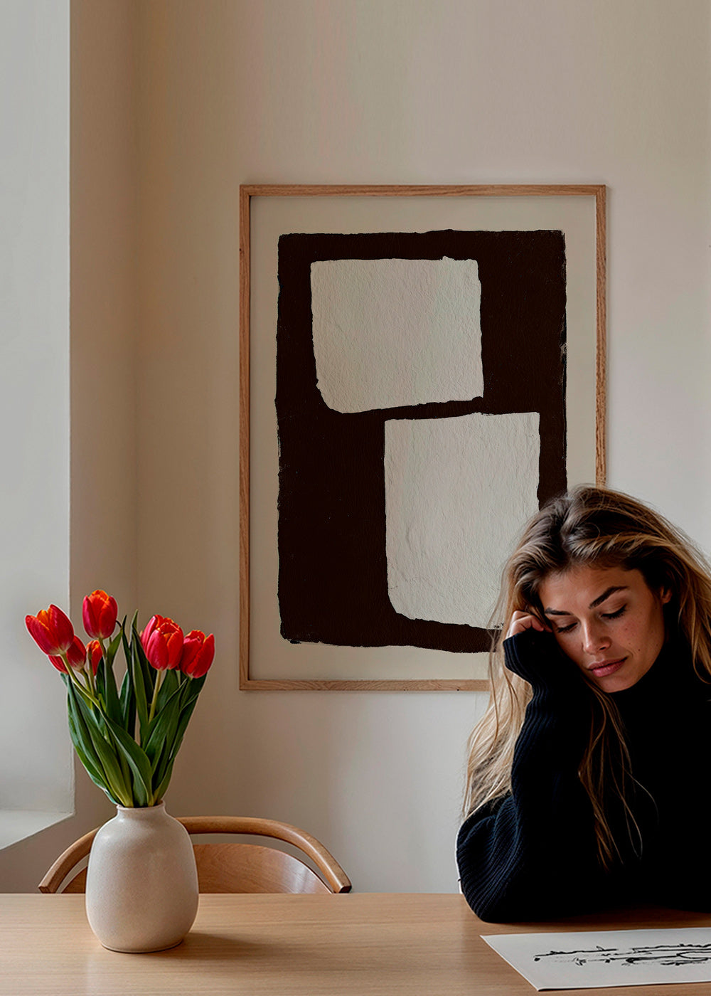 Tableau abstrait mocha con blocs blancs