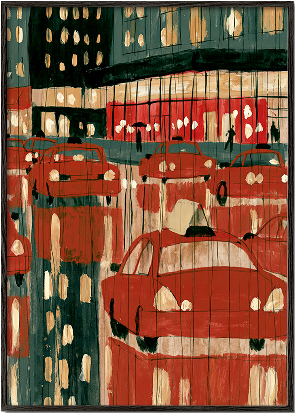 Tableau de ville avec taxis rouges et reflets nocturnes