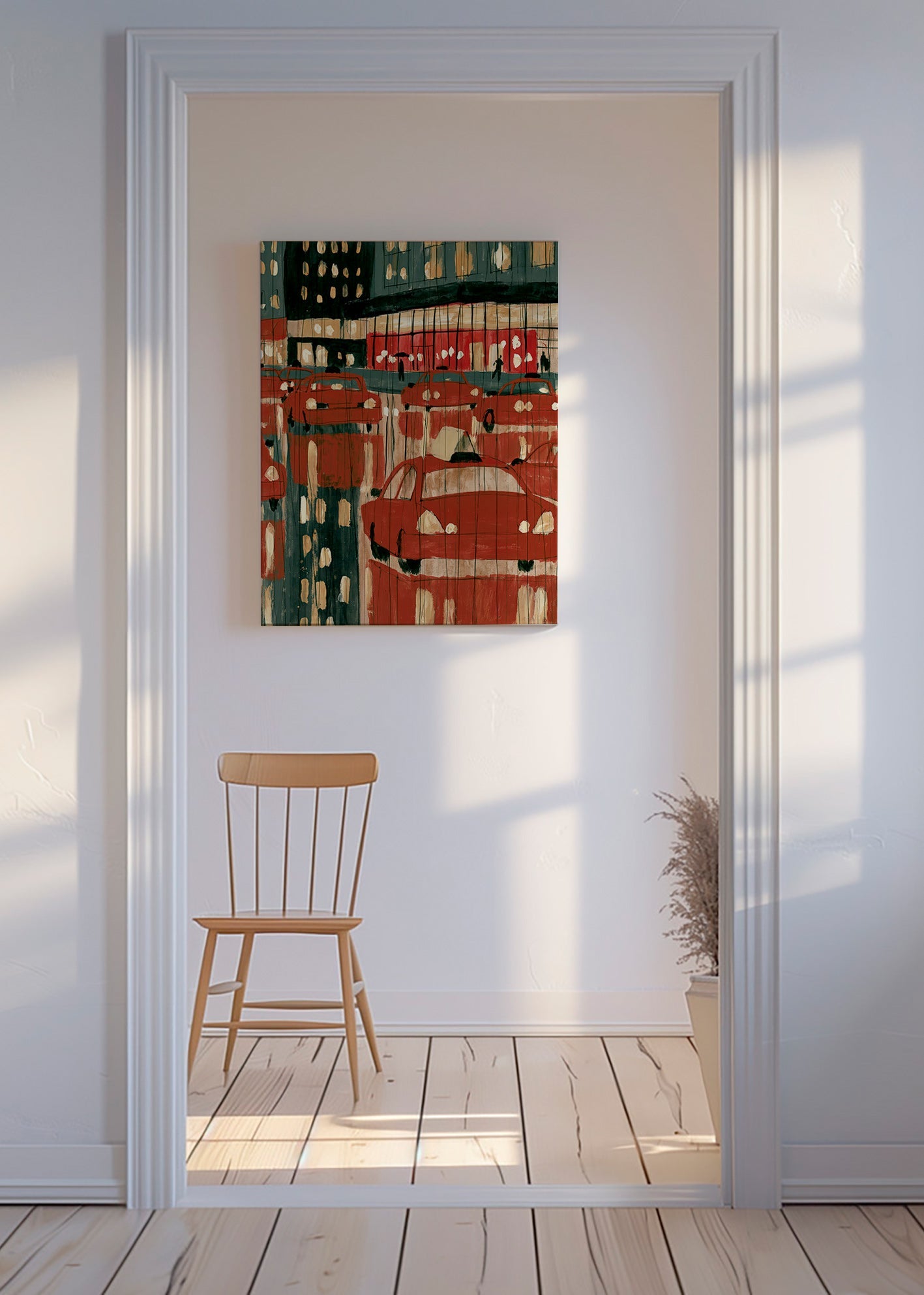 Tableau de ville avec taxis rouges et reflets nocturnes