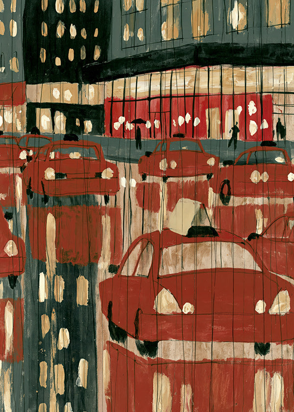 Tableau de ville avec taxis rouges et reflets nocturnes