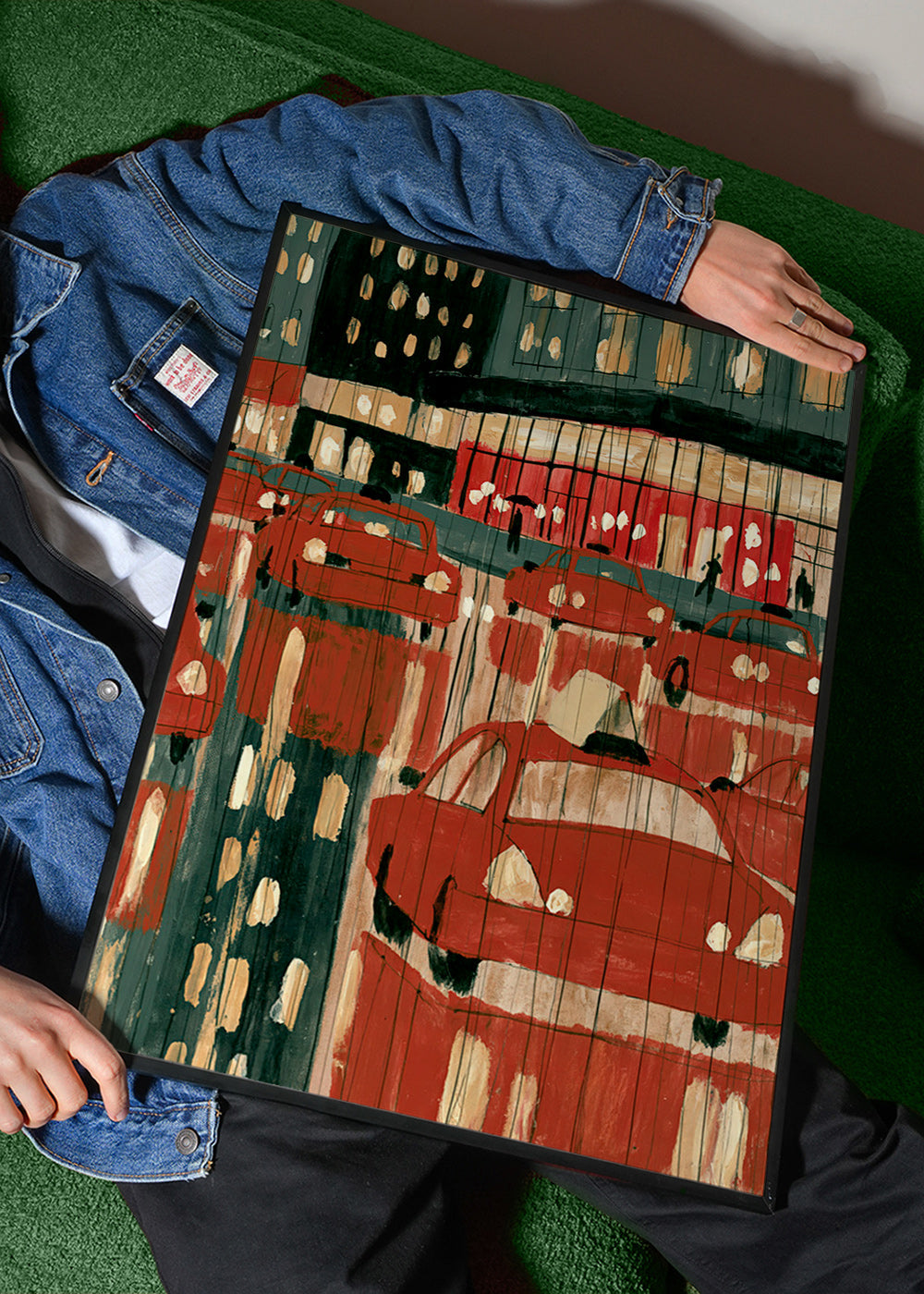 Tableau de ville avec taxis rouges et reflets nocturnes
