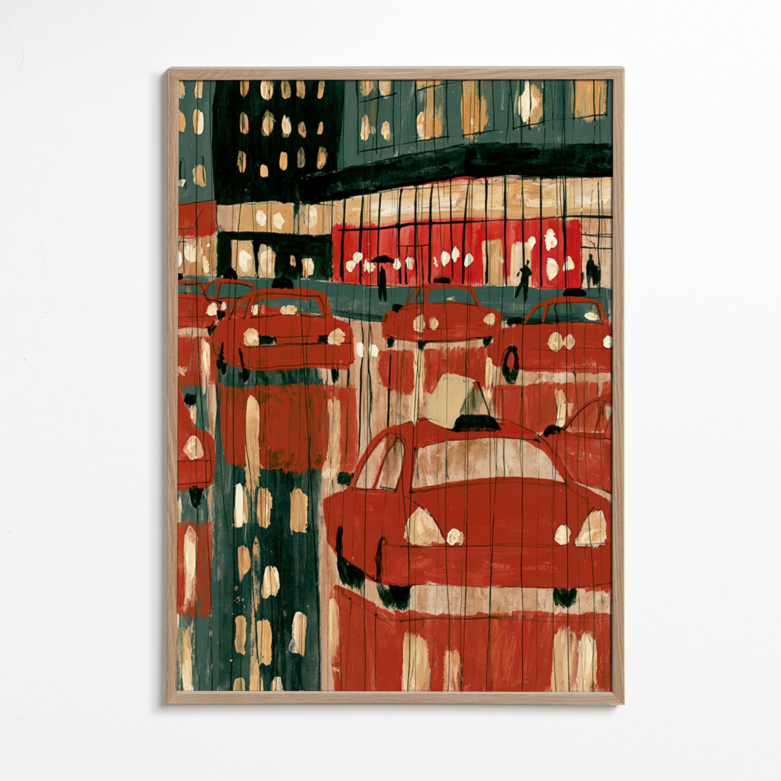 Tableau de ville avec taxis rouges et reflets nocturnes