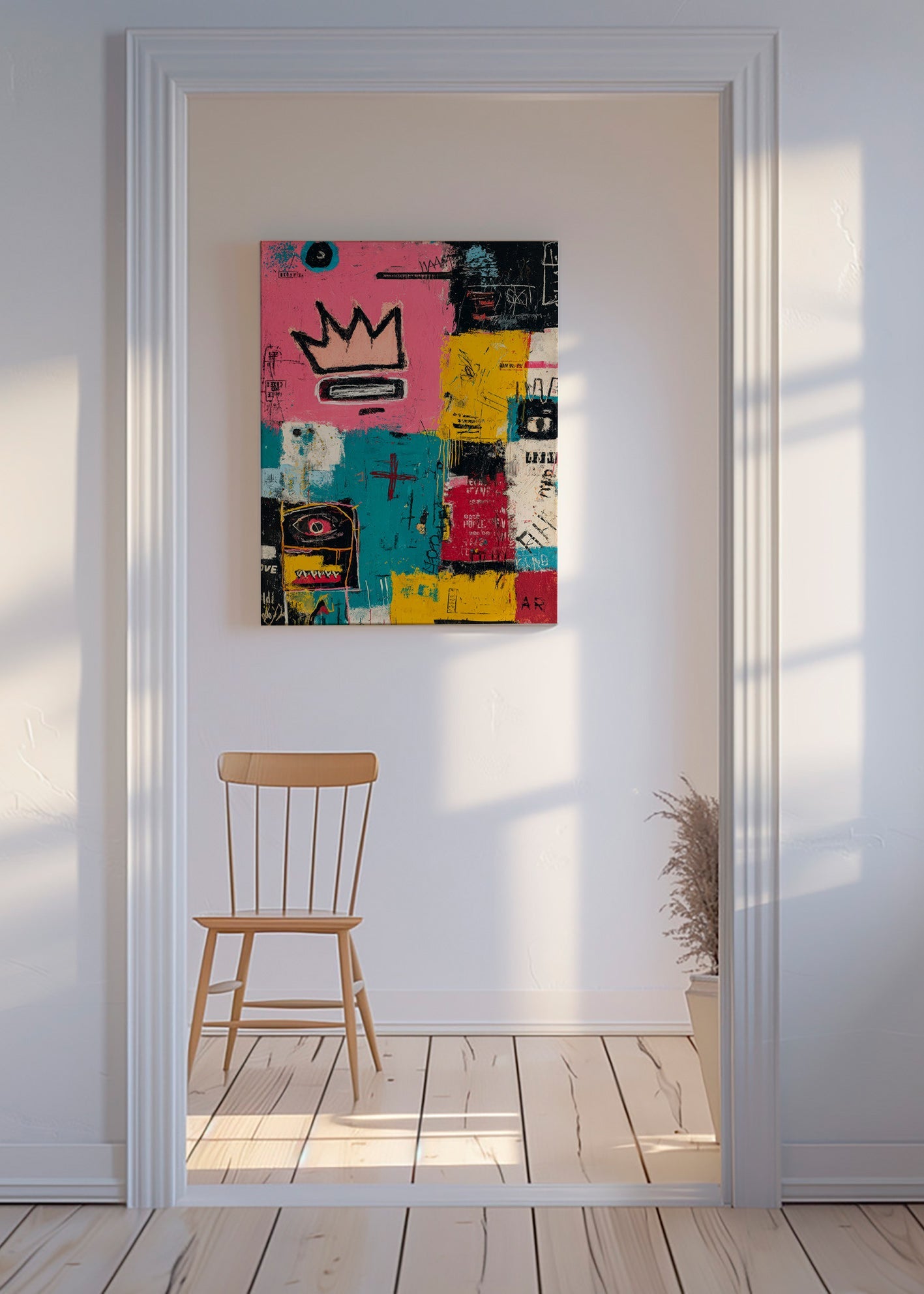 Œuvre abstraite à la couronne et blocs colorés