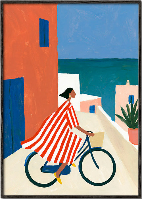 Tableau de paysage: cycliste au bord de la mer
