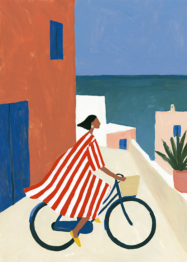 Tableau de paysage: cycliste au bord de la mer
