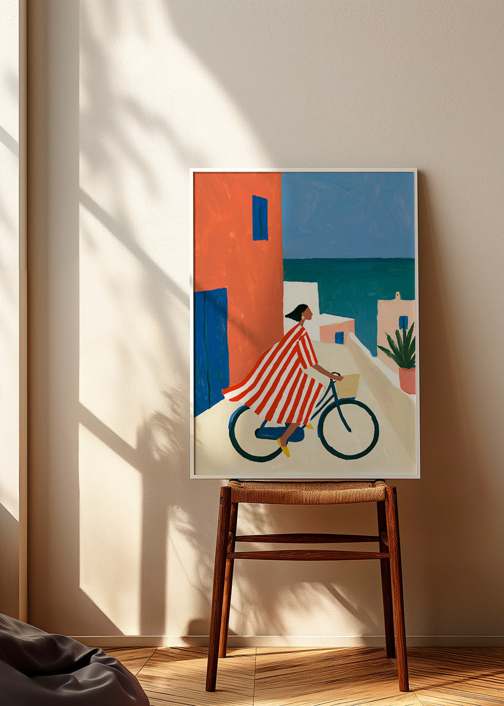 Tableau de paysage: cycliste au bord de la mer