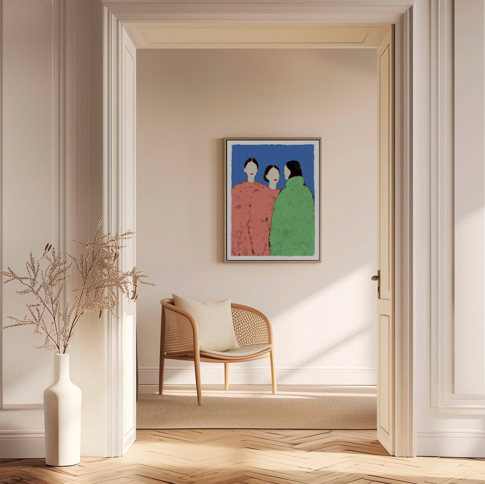 Illustration de trois silhouettes stylisées sur fond bleu