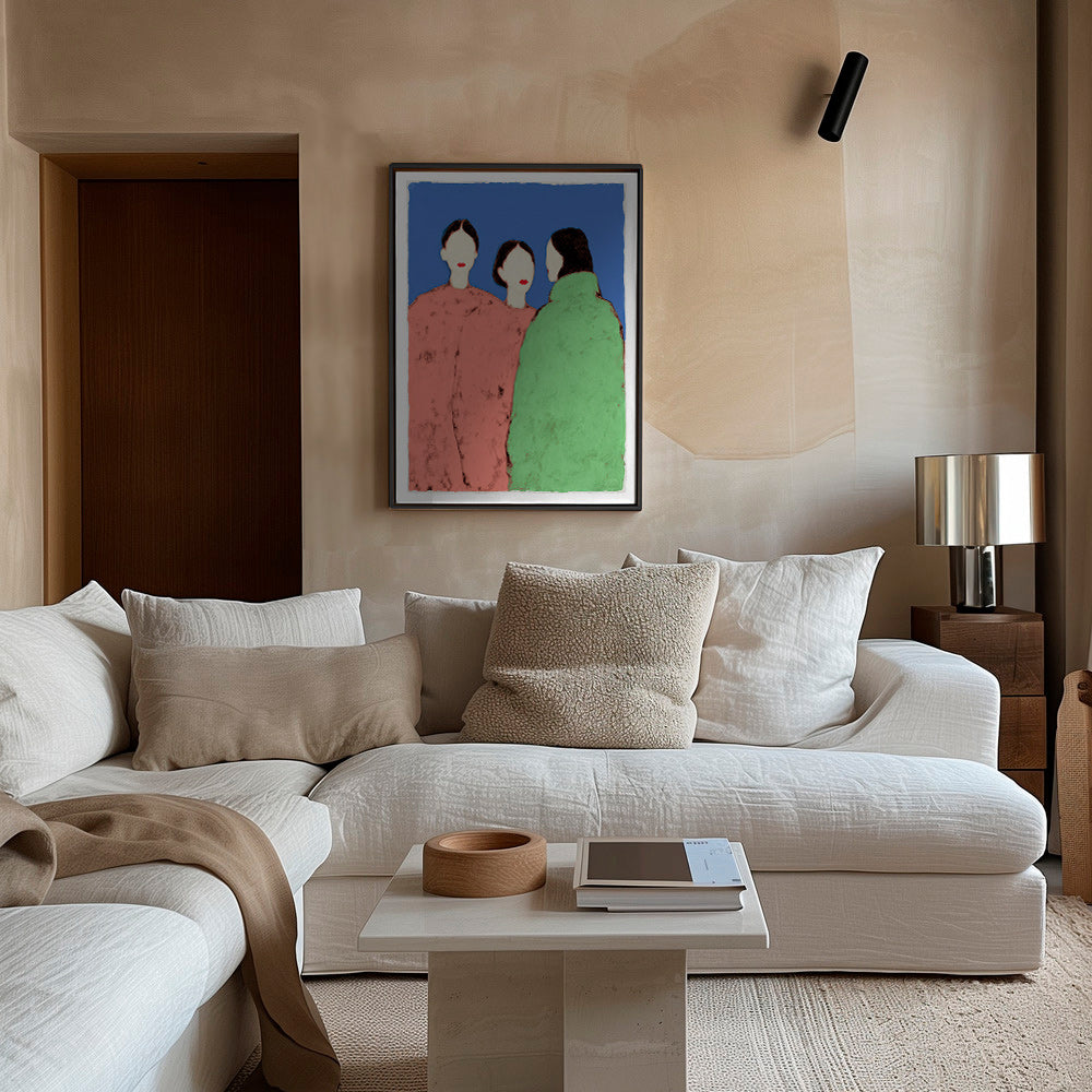 Illustration de trois silhouettes stylisées sur fond bleu