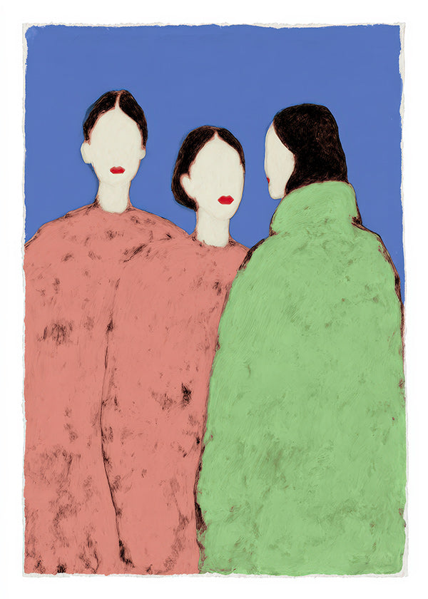 Illustration de trois silhouettes stylisées sur fond bleu