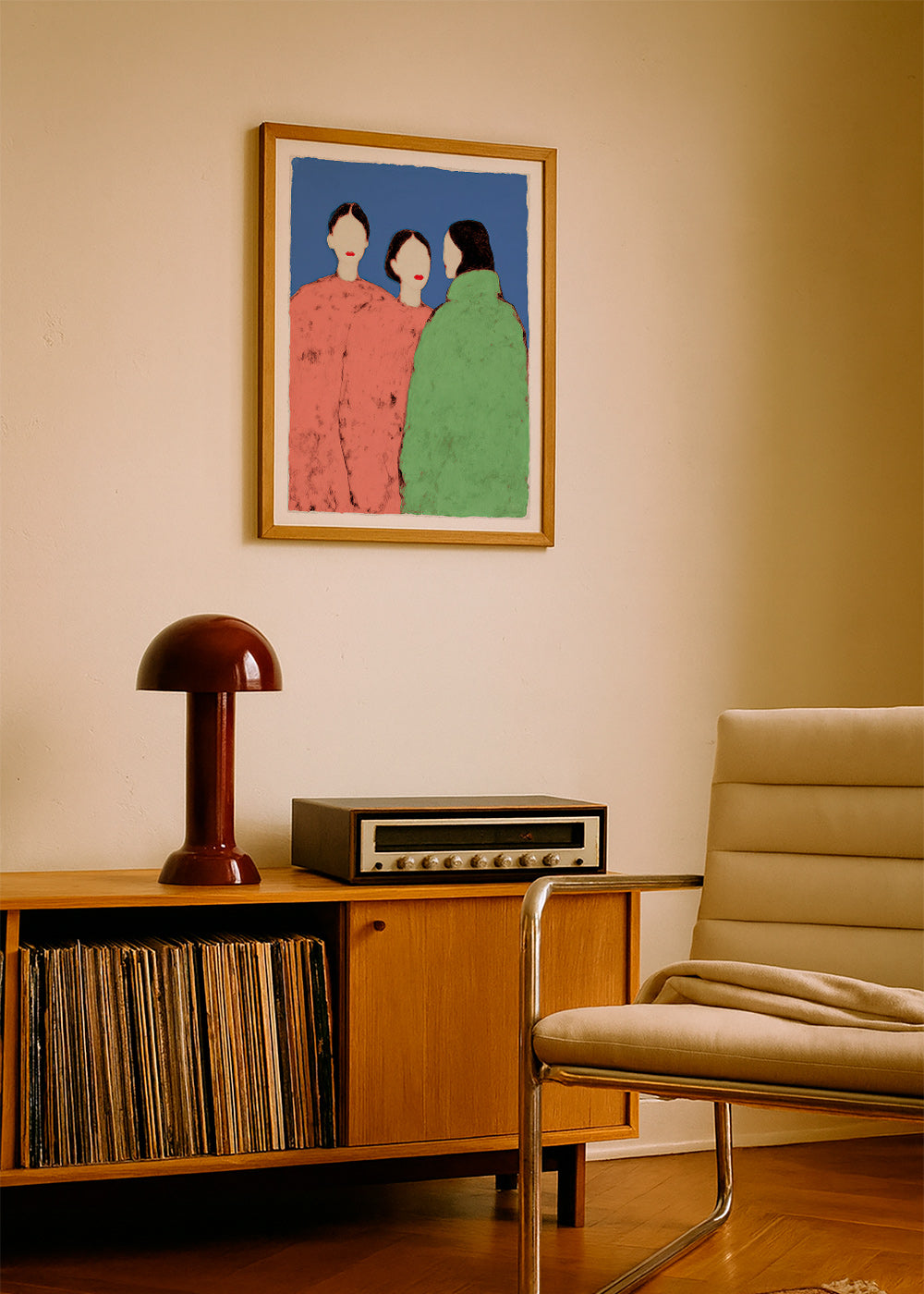 Illustration de trois silhouettes stylisées sur fond bleu