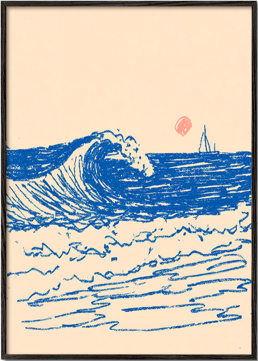 Tableau de paysage avec vague esquissée et voilier