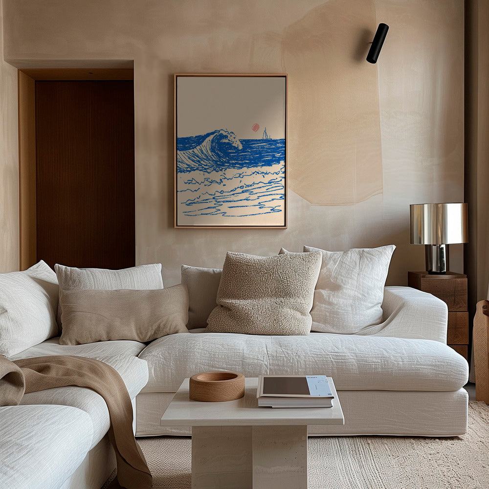 Tableau de paysage avec vague esquissée et voilier