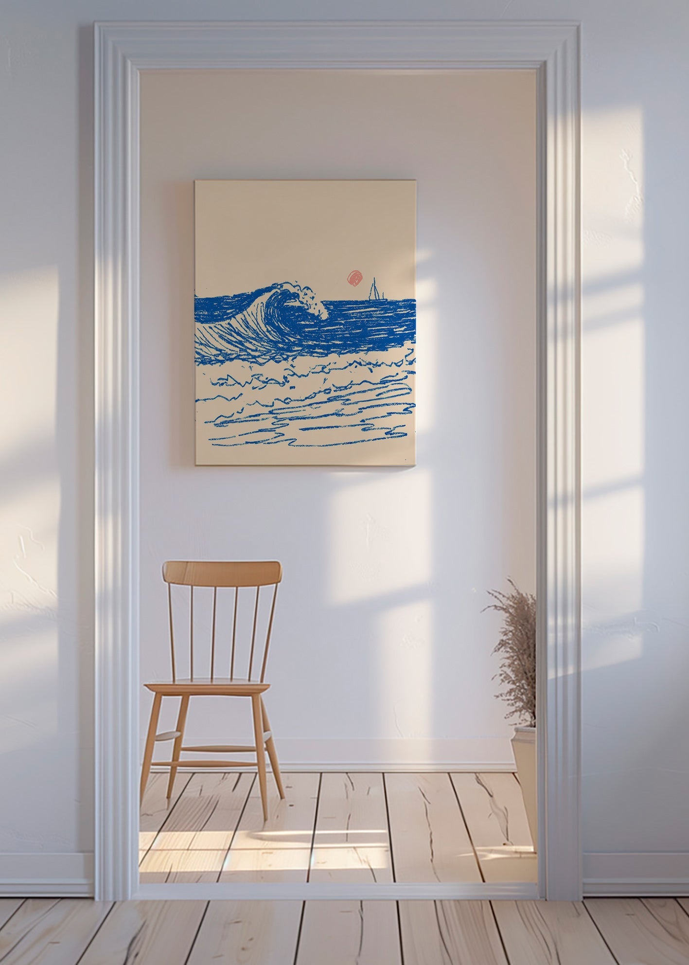 Tableau de paysage avec vague esquissée et voilier
