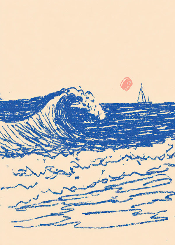 Tableau de paysage avec vague esquissée et voilier