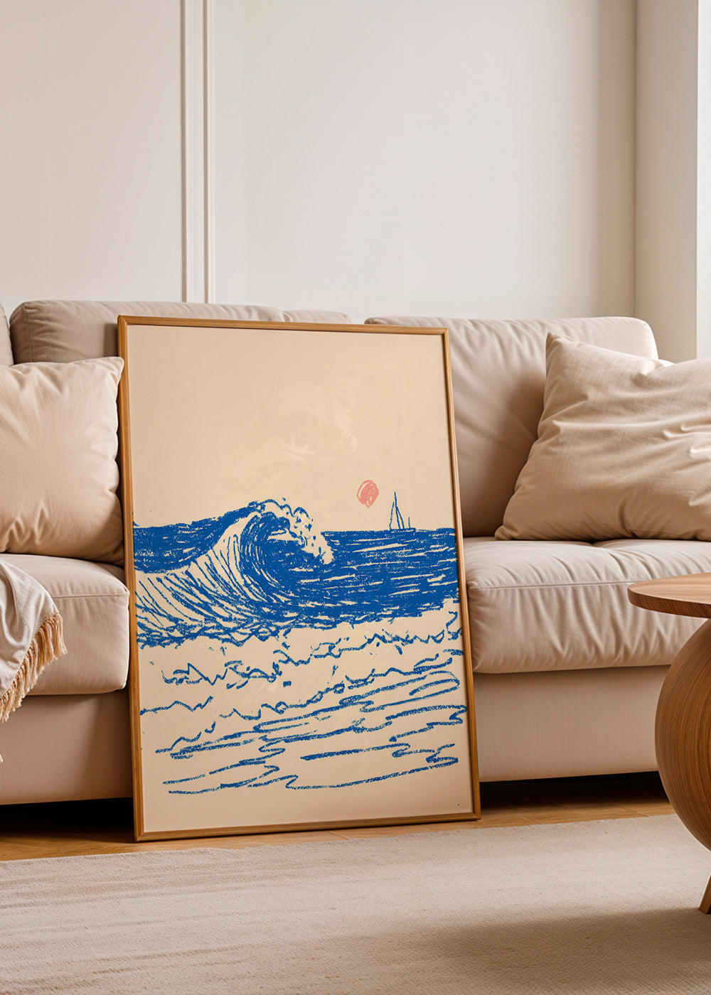 Tableau de paysage avec vague esquissée et voilier