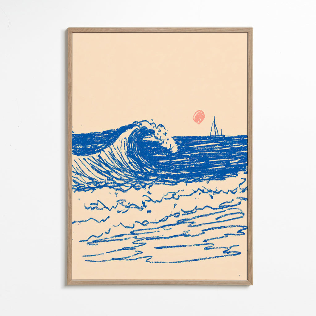 Tableau de paysage avec vague esquissée et voilier