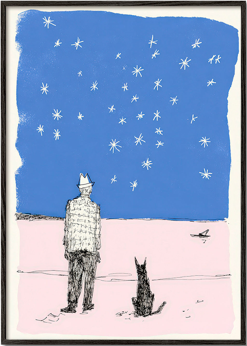 Illustration : homme et chien sous les étoiles