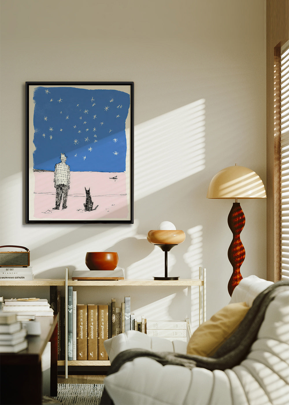 Illustration : homme et chien sous les étoiles