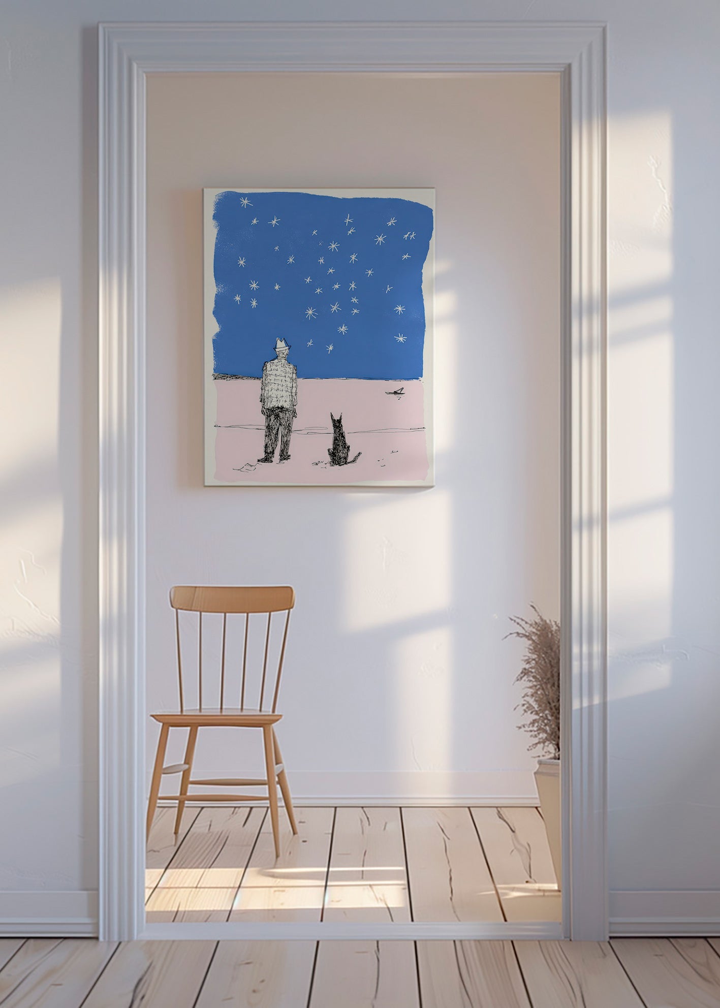 Illustration : homme et chien sous les étoiles