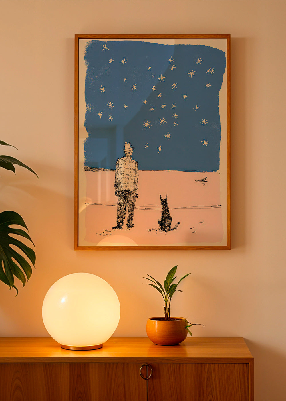 Illustration : homme et chien sous les étoiles