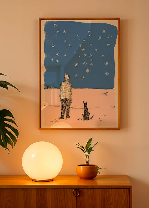 Illustration : homme et chien sous les étoiles