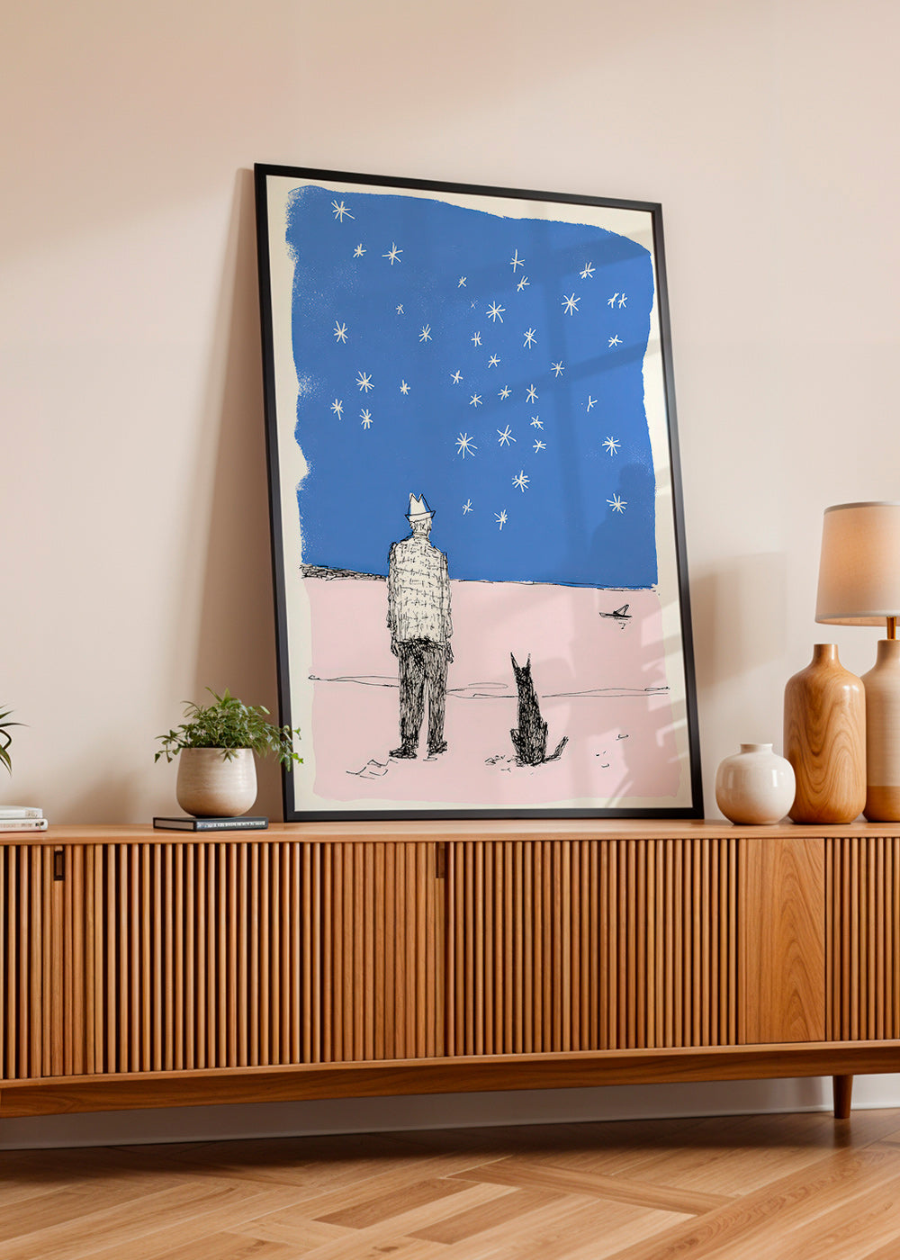 Illustration : homme et chien sous les étoiles