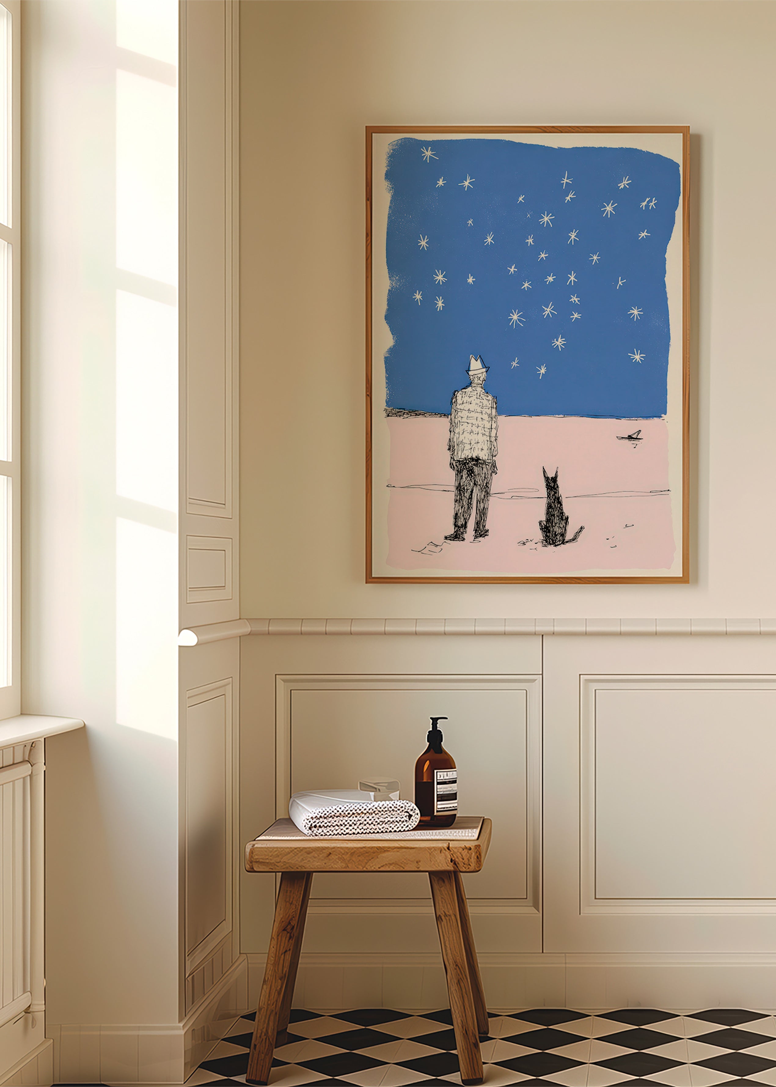 Illustration : homme et chien sous les étoiles