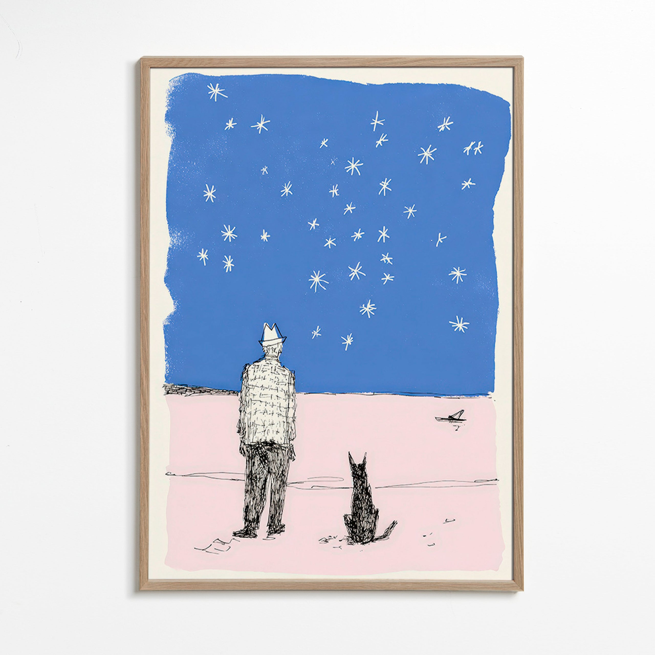 Illustration : homme et chien sous les étoiles