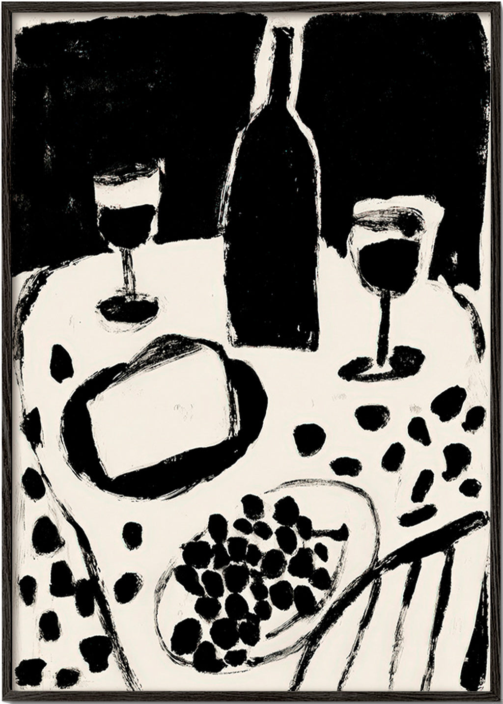 Art de cuisine: bouteille et raisins en monochrome