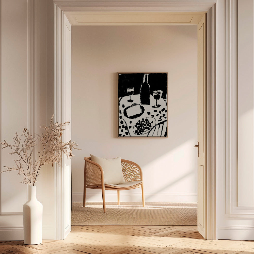 Art de cuisine: bouteille et raisins en monochrome
