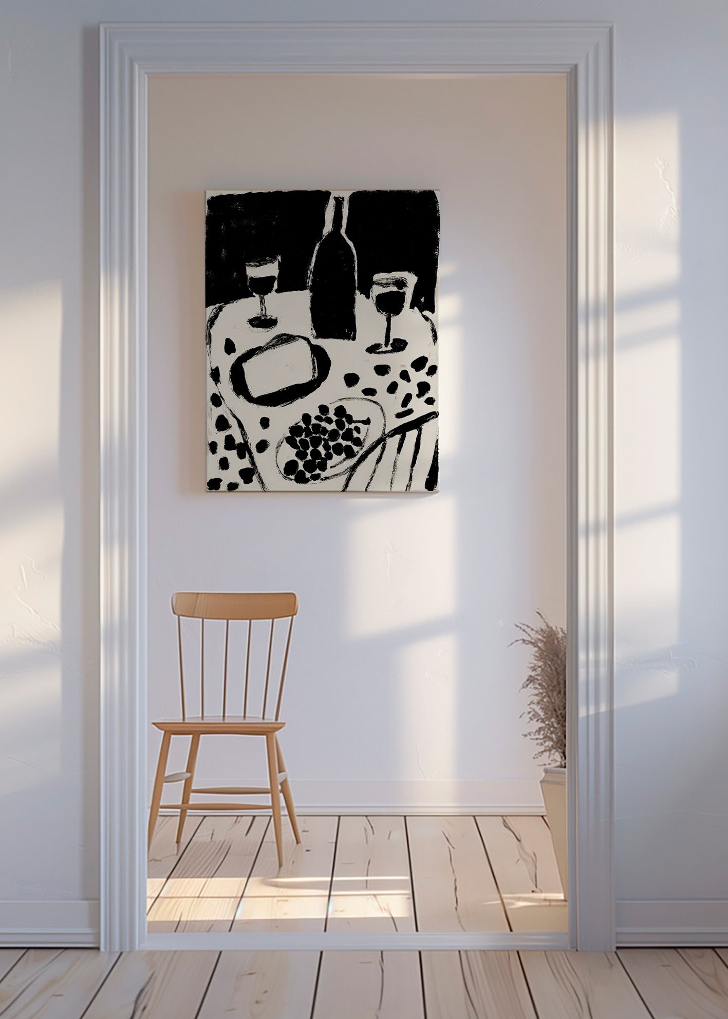 Art de cuisine: bouteille et raisins en monochrome