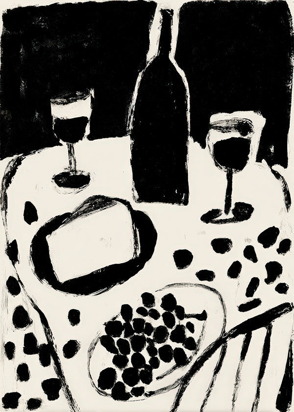 Art de cuisine: bouteille et raisins en monochrome