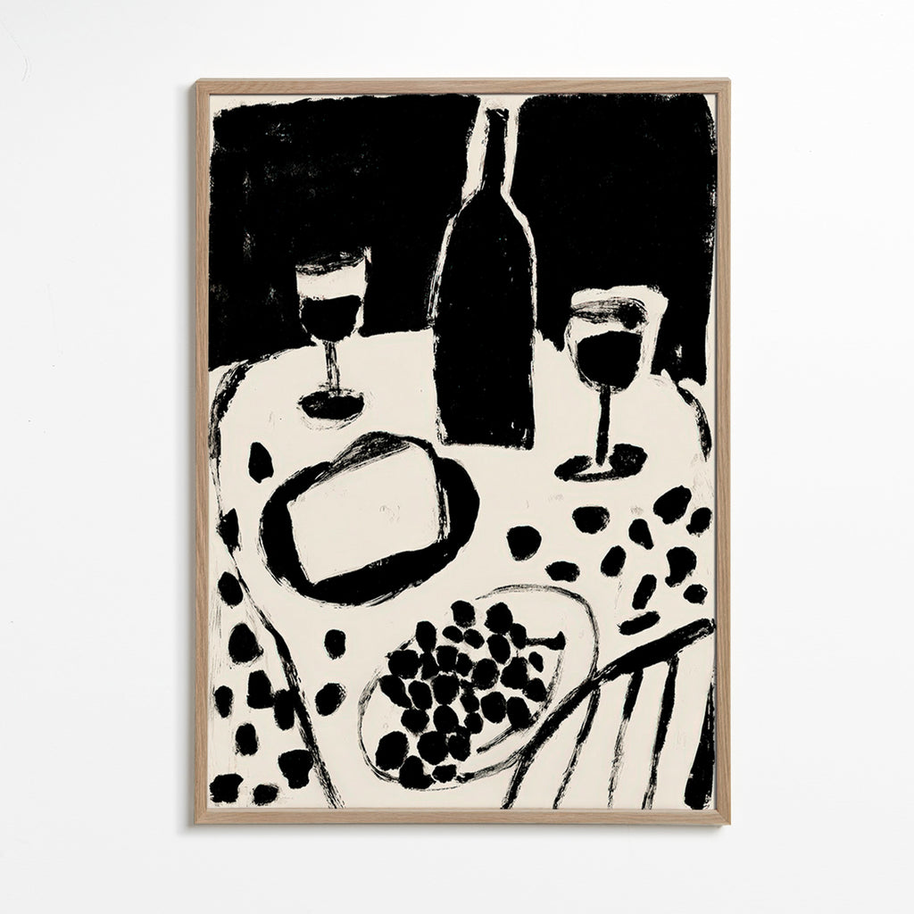 Art de cuisine: bouteille et raisins en monochrome