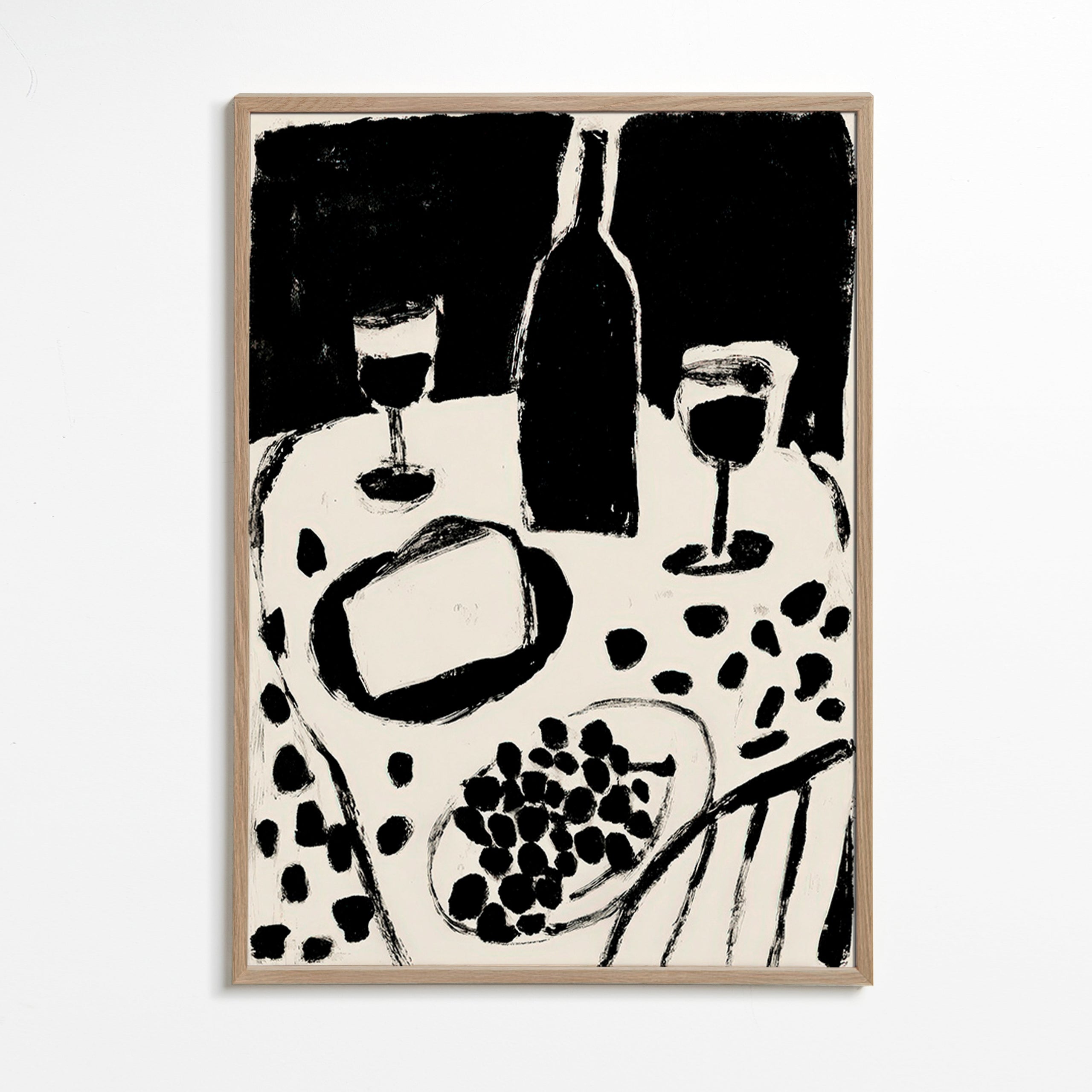 Art de cuisine: bouteille et raisins en monochrome