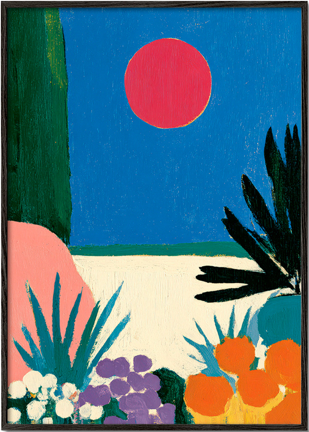 Estampe botanique lune rouge et jardin stylisé