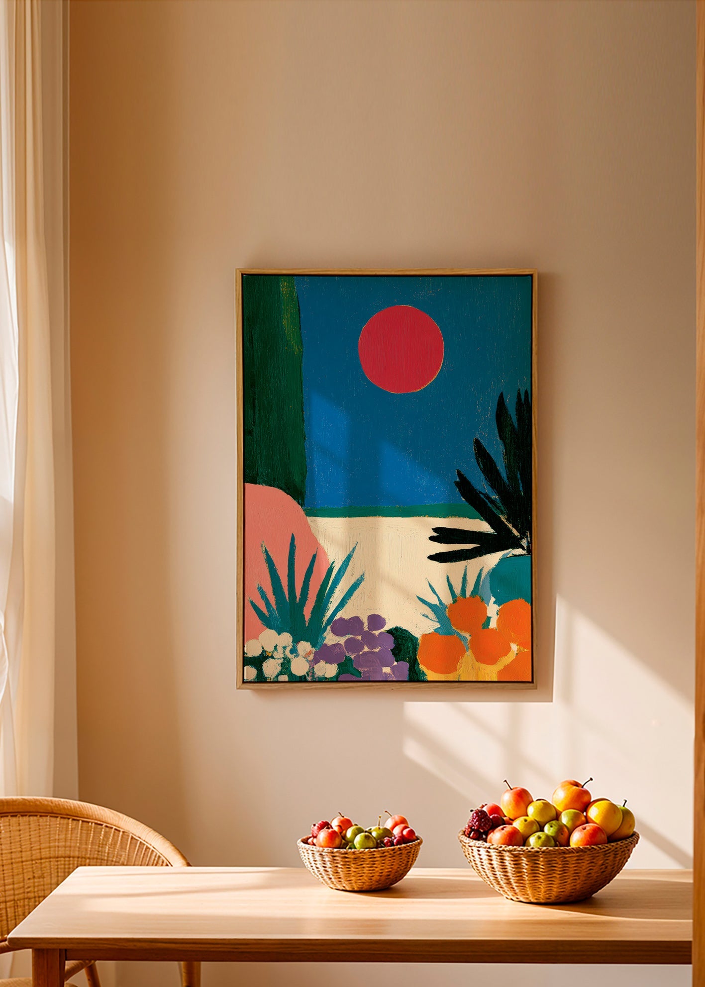 Estampe botanique lune rouge et jardin stylisé