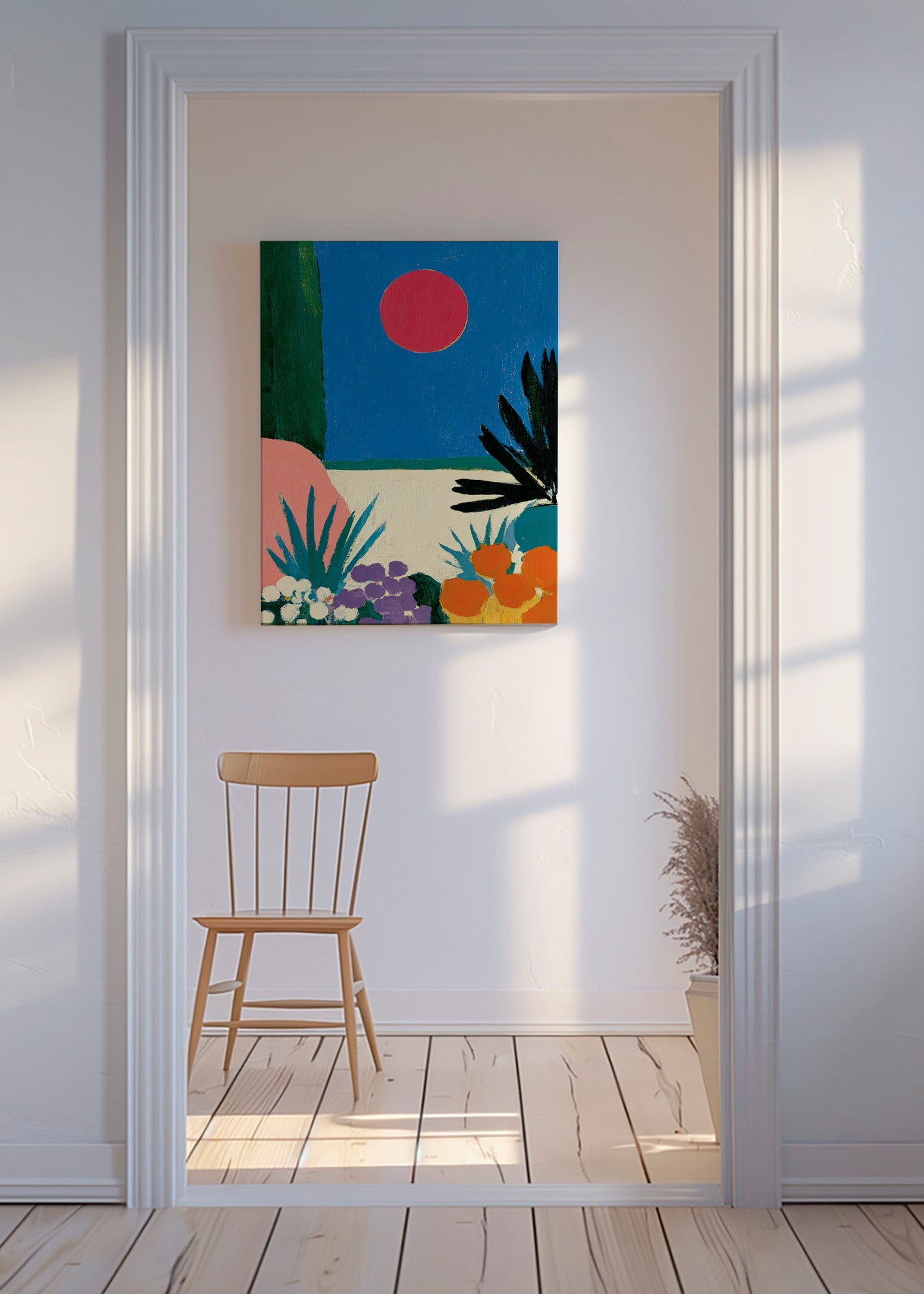 Estampe botanique lune rouge et jardin stylisé