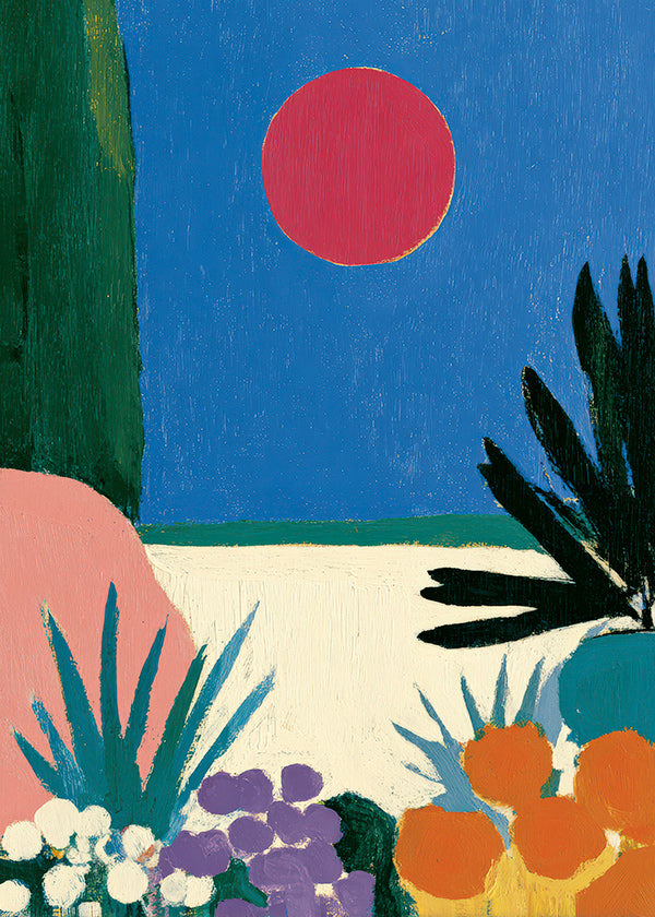 Estampe botanique lune rouge et jardin stylisé