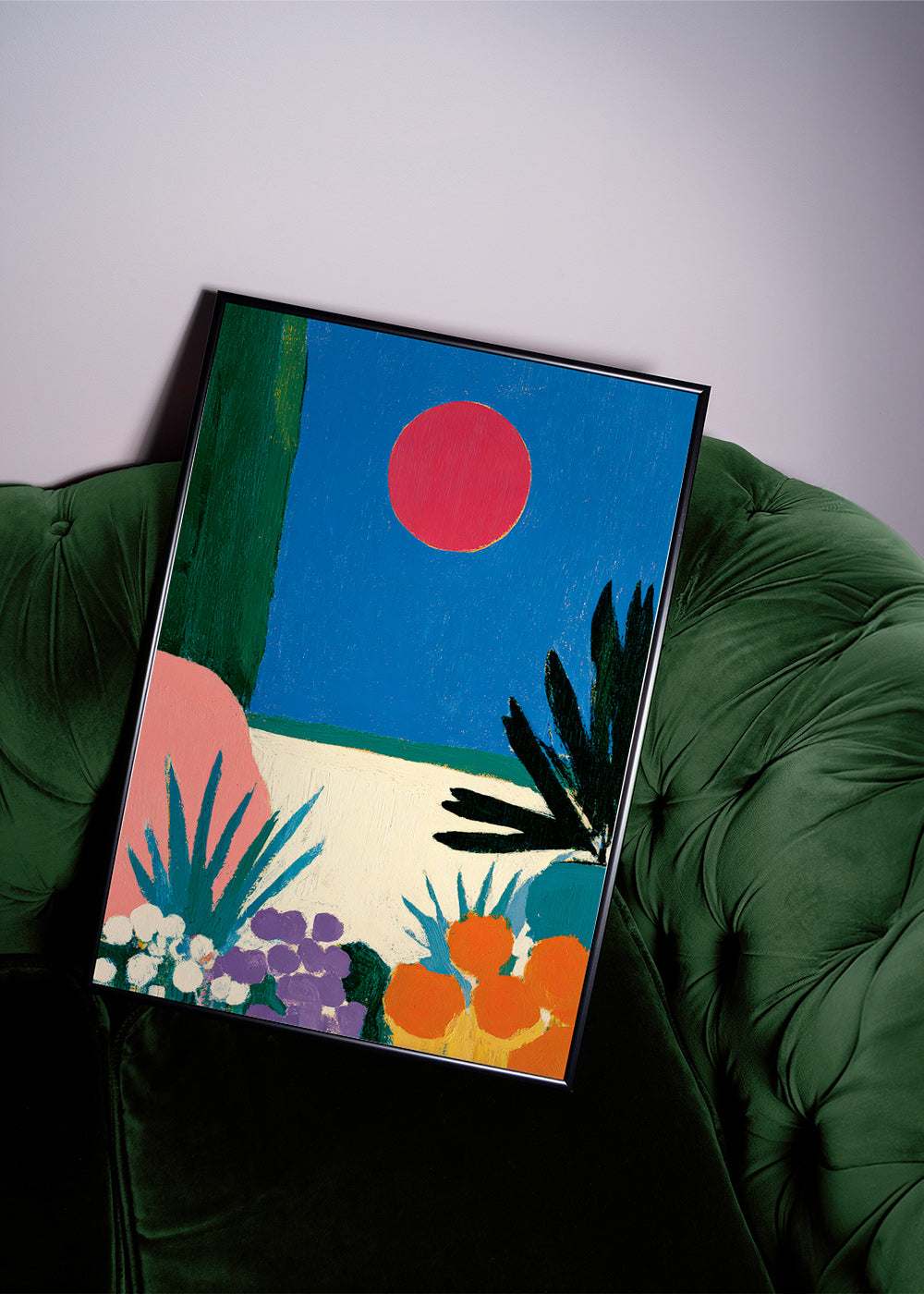 Estampe botanique lune rouge et jardin stylisé