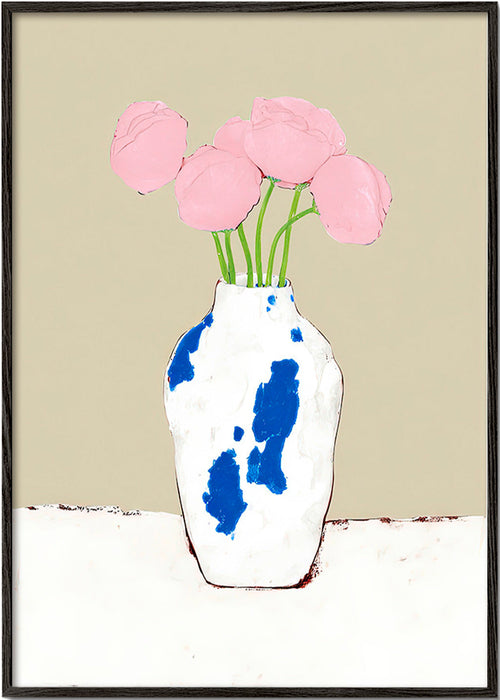Impression botanique: pivoines dans un vase bleu