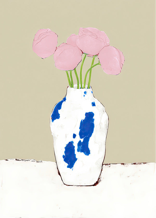 Impression botanique: pivoines dans un vase bleu