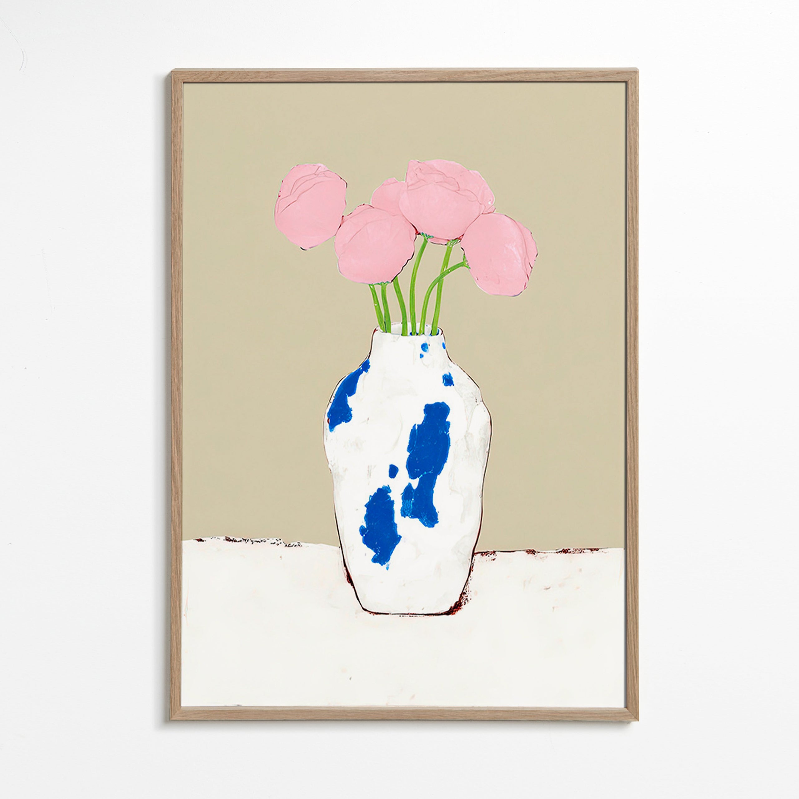 Impression botanique: pivoines dans un vase bleu