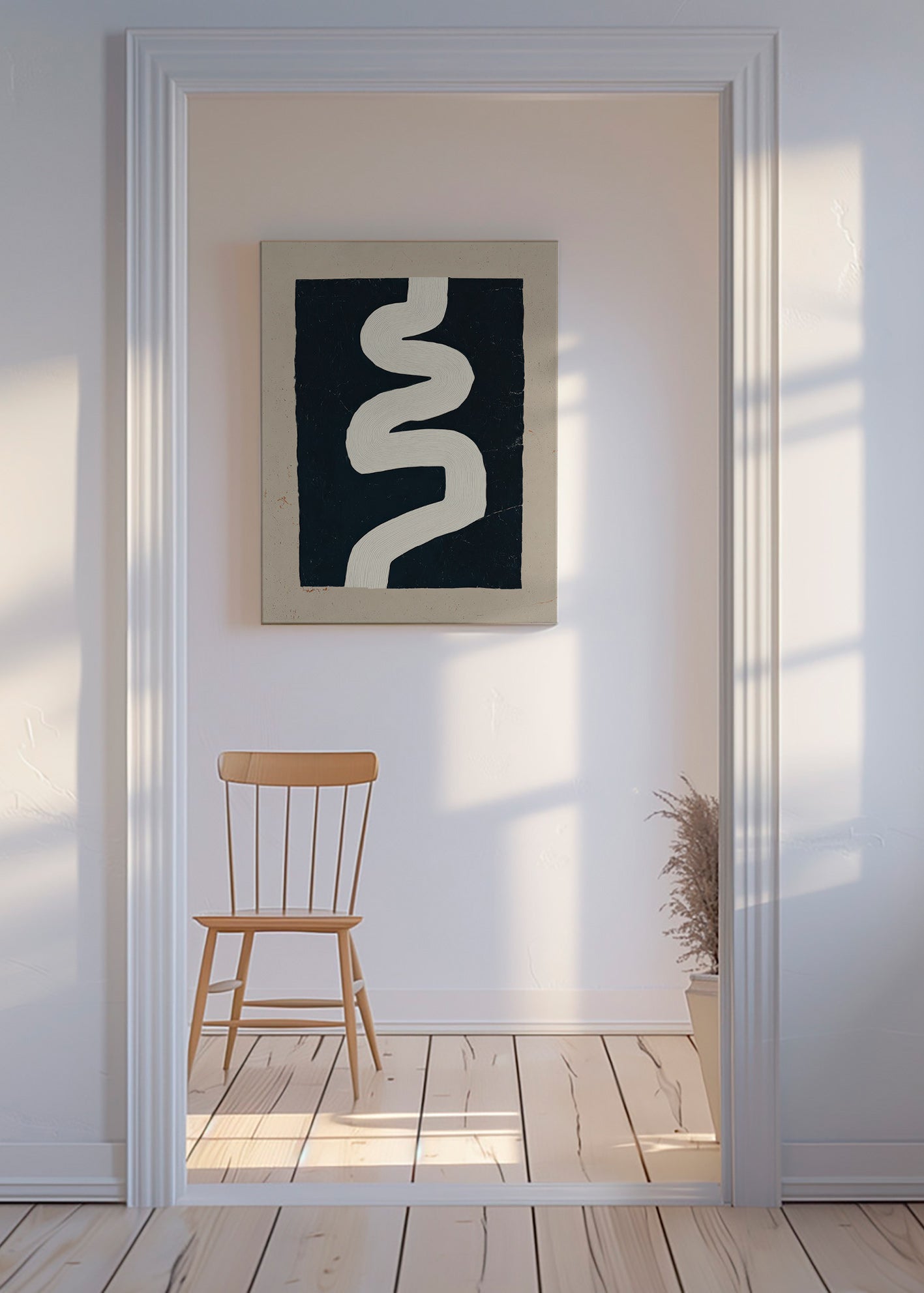 Impression minimaliste courbe blanche sur panneau sombre